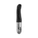 Sleek black personal massager with textured shaft and silver handle featuring control buttons.