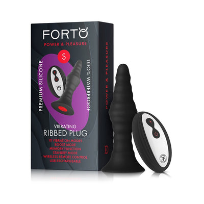 Forto small black ribbed vibrating plug with wireless remote and packaging box on white background