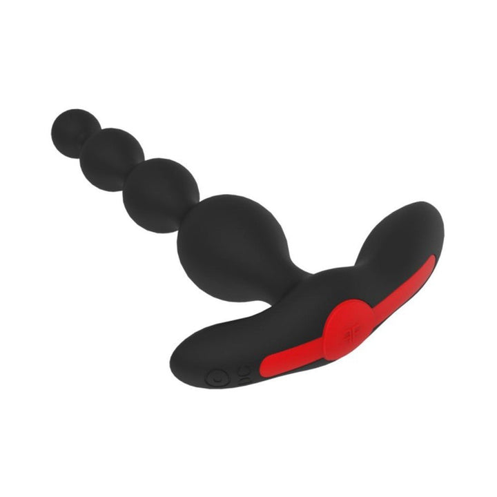 Black silicone vibrating anal beads with graduated spheres and a red-accented ergonomic base with control buttons.