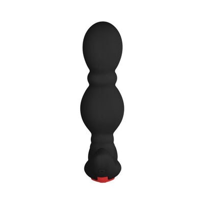 Black vibrating anal plug with two rounded bulbs and a red button base, designed for easy control and waterproof use.