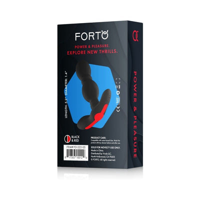 Packaging box of Forto Vibrating Anal Plug in black and red with product image and key features.
