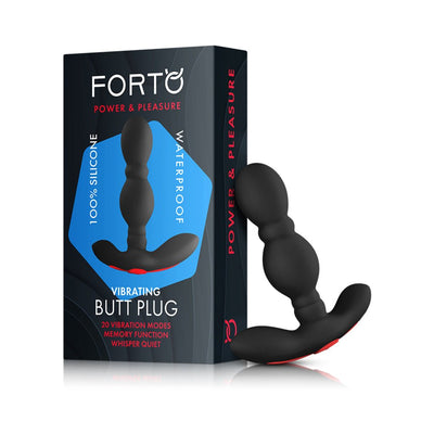 Black silicone vibrating anal plug with curved base next to its black and blue packaging box.
