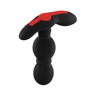 Black vibrating anal plug with three graduated bulbs and a red-accented ergonomic handle with control buttons.