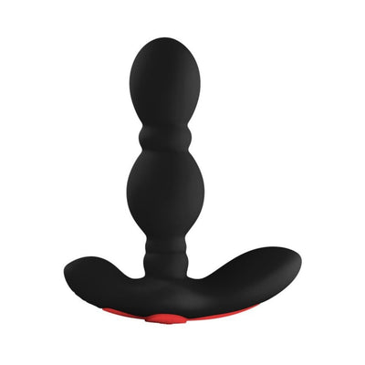 Black vibrating anal plug with a contoured shape and ergonomic base, featuring a red control button.