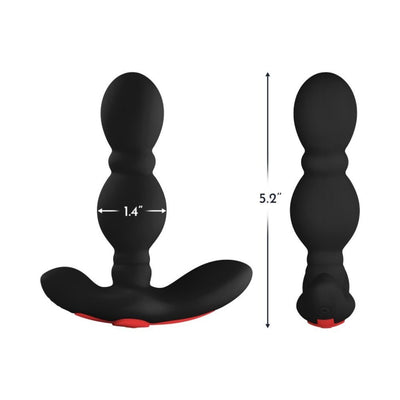 Black vibrating anal plug with dual rounded bulbs and ergonomic base, measuring 5.2 inches in length and 1.4 inches in width.