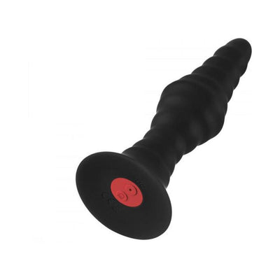 Large black ribbed vibrating plug with a red control button on the base and a tapered tip design.