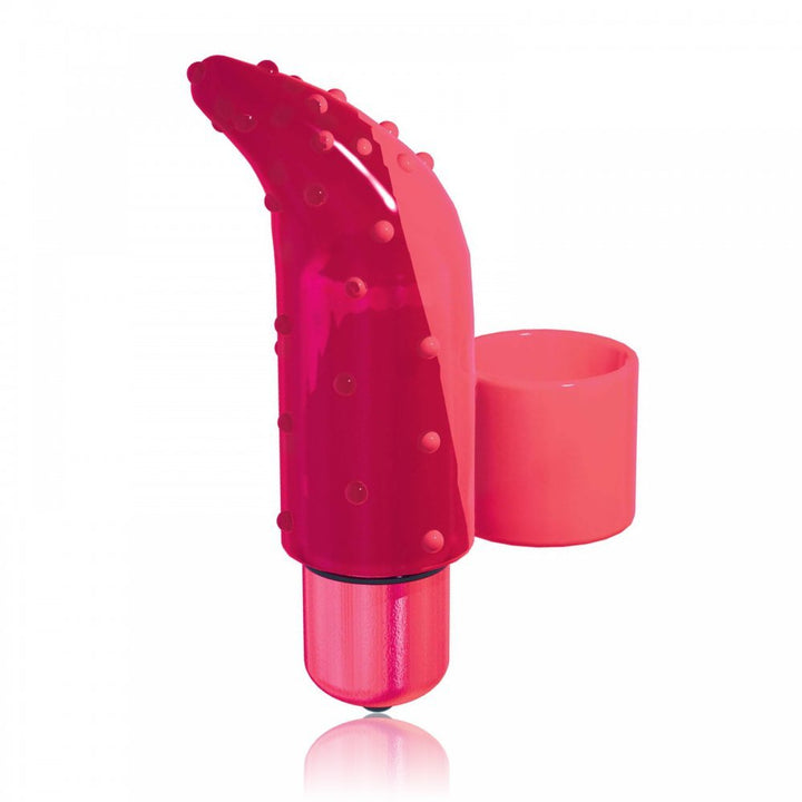 Compact pink finger vibrator with textured nubs and protective cap, designed for versatile waterproof stimulation.