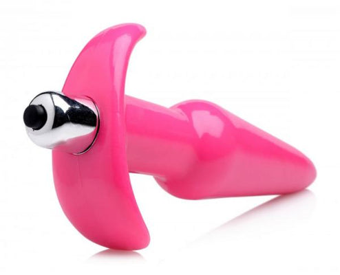 Pink smooth tapered anal plug with removable silver bullet vibrator and flared base on white background.