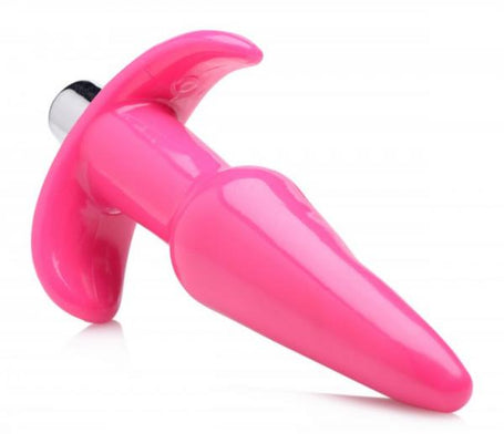 Pink smooth tapered vibrating anal plug with narrow base and removable bullet vibrator.
