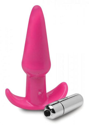 Pink smooth tapered anal plug with curved base and a small silver bullet vibrator beside it.