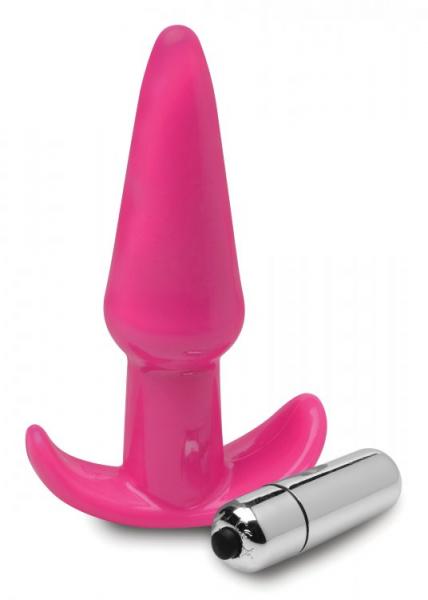 Pink smooth tapered anal plug with curved base and a small silver bullet vibrator beside it.