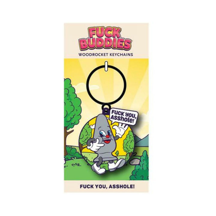 Enamel keychain featuring a cartoon character with a speech bubble saying "Fuck you, asshole!" on a colorful outdoor background.