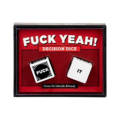 Set of two white decision dice in a red and black box labeled "Fuck Yeah! Decision Dice" with playful text on the dice faces.