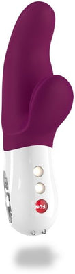 Purple dual-action vibrator with ergonomic white handle and control buttons, designed for targeted G-spot and clitoral stimulation.
