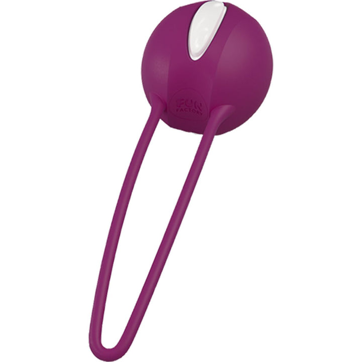 White and grape colored Fun Factory Smartball Uno with flexible silicone retrieval band for pelvic floor training.