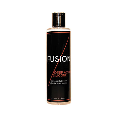 Bottle of Fusion Deep Action Silicone personal lubricant with black label and red accents, 8.4 fl oz size.