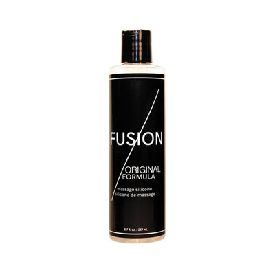 Bottle of Fusion Original Formula silicone massage lubricant with black label and white text, 8.7 oz size.