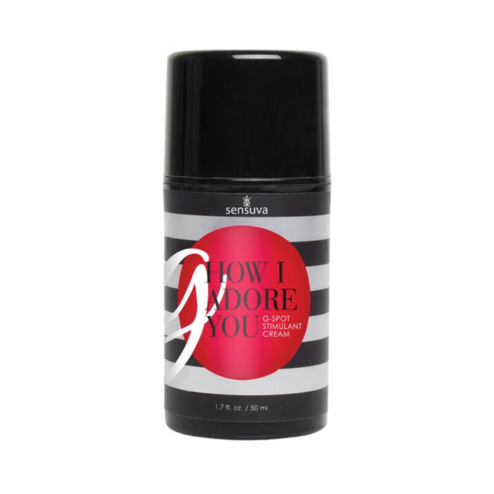 1.7 oz bottle of Sensuva G, How I Adore You G-Spot stimulant cream with black and white striped label and red circle design