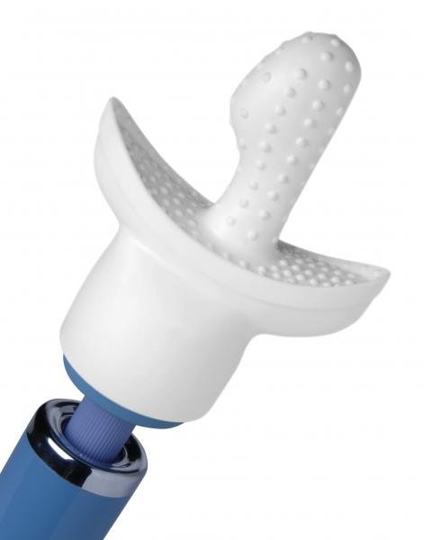 White textured G tip attachment fitted on a blue massage wand for targeted internal and external stimulation.