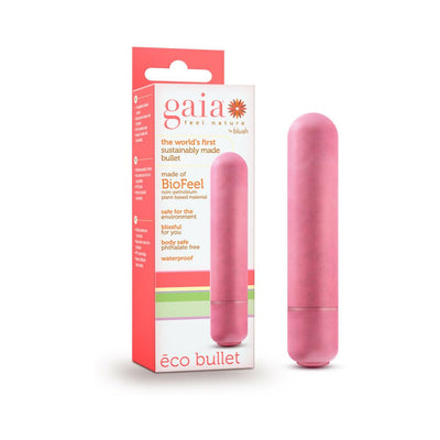 Coral-colored Gaia Eco Bullet vibrator next to its eco-friendly packaging highlighting biodegradable and waterproof features.