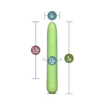 Green biodegradable vibrator with size measurements showing 7 inches length, 5.75 inches insertable, 1 inch width, and 3.5 inch girth.