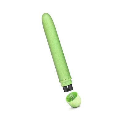 Green biodegradable vibrator with a smooth, slender design and removable battery cap shown on white background.