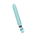 Light green biodegradable vibrator with removable cap showing battery compartment spring detail on white background