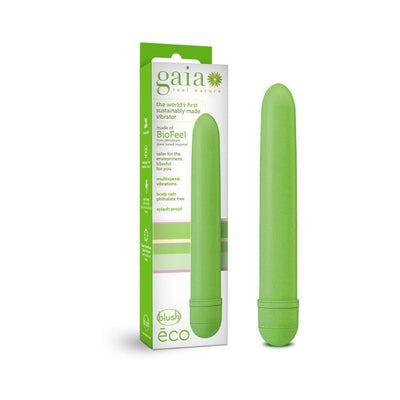 Green biodegradable vibrator next to its eco-friendly packaging highlighting sustainable materials and multispeed vibrations.