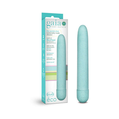Blush Gaia Eco biodegradable vibrator in light green with packaging highlighting eco-friendly features and BioFeel material.