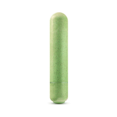 Compact biodegradable bullet vibrator in soft green with smooth rounded tip and push-button base.