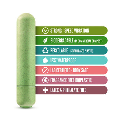 Green biodegradable bullet vibrator with eco-friendly features listed in colorful bars alongside it.