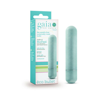 Blush Gaia Eco Bullet in blue with biodegradable plant-based material, shown next to its eco-friendly packaging.