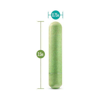 Green biodegradable bullet vibrator with dimensions 3.5 inches long and 0.75 inches wide on white background.