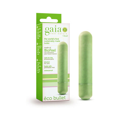 Blush Gaia Eco Bullet in green plant-based bioplastic next to its eco-friendly packaging with product details.