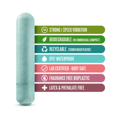 Blue Blush Gaia Eco Bullet with key features including strong vibration, biodegradable, recyclable, waterproof, body safe, fragrance free, and latex-free.