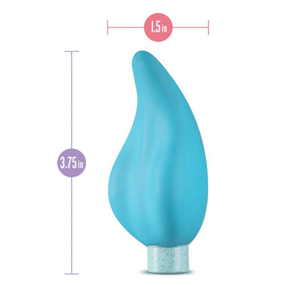 Blue curved eco-friendly silicone vibrator measuring 3.75 inches tall and 1.5 inches wide with a speckled base.