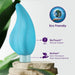Blue eco-friendly vibrator made from natural rubber and plant-based materials, displayed on stone with green leaves background.