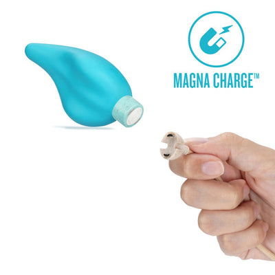 Blue curved eco-friendly vibrator with magnetic USB charging cable held by hand, Magna Charge logo visible.