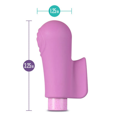Compact purple eco-friendly vibrator with textured head and ergonomic fin, measuring 3.25 by 1.25 inches.