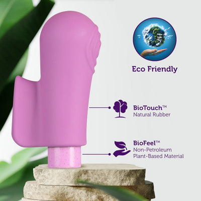Purple Blush Gaia Eco Delight vibrator highlighting eco-friendly BioTouch natural rubber and BioFeel plant-based materials.