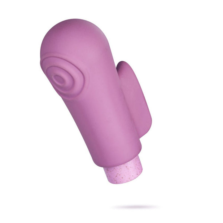 Purple eco-friendly vibrator with textured head and ergonomic fin, featuring a smooth satin finish and speckled base.
