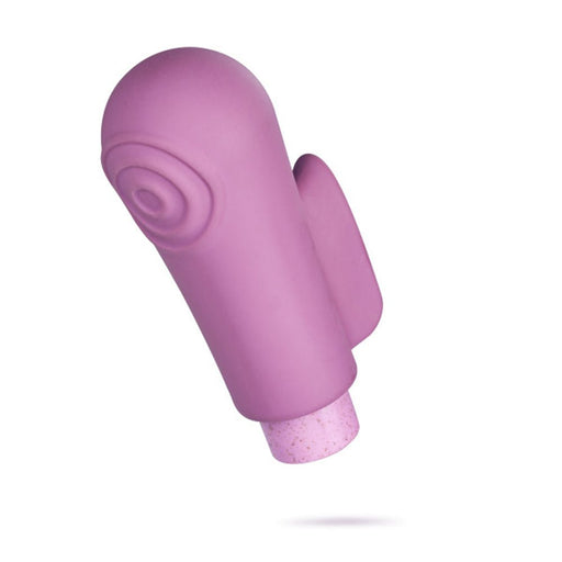 Purple eco-friendly vibrator with textured head and ergonomic fin, featuring a smooth satin finish and speckled base.