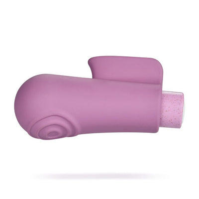Purple eco-friendly vibrator with textured head and ergonomic fin grip, featuring a smooth matte finish.