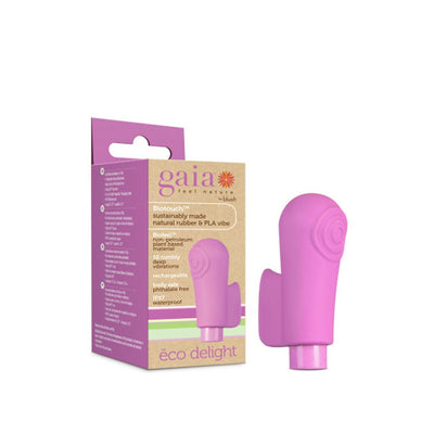 Purple Blush Gaia Eco Delight vibrator with textured head and eco-friendly packaging on white background.