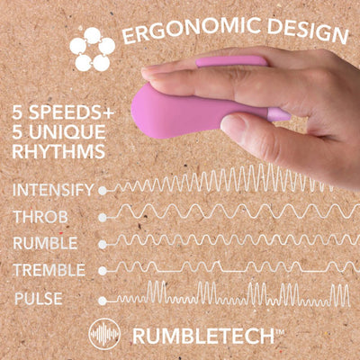 Hand holding purple Blush Gaia Eco Delight vibrator highlighting ergonomic design and five vibration modes with RumbleTech technology.