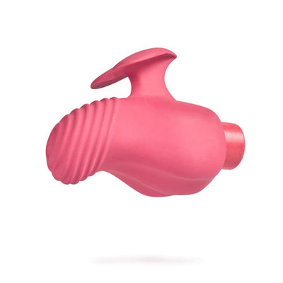 Coral pink eco-friendly vibrator with ribbed tip and ergonomic heart-shaped grip fin, designed for comfort and precise stimulation.