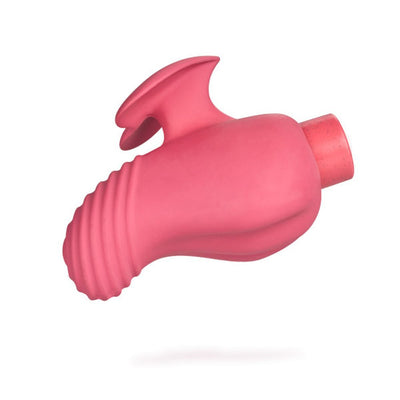 Coral pink eco-friendly vibrator with ribbed tip and heart-shaped finger grip, made from natural rubber and plant-based bioplastic.