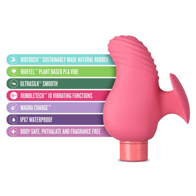 Coral pink eco-friendly vibrator with textured tip and heart-shaped fin, highlighting sustainable materials and 10 vibration modes.
