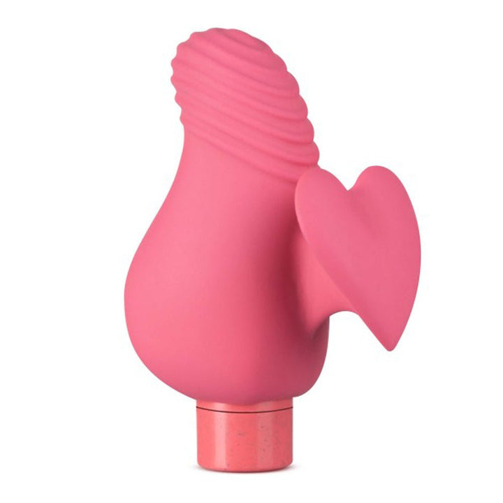 Coral pink eco-friendly vibrator with ribbed tip and heart-shaped grip fin, designed for comfort and easy control.