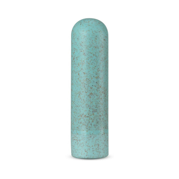 Compact aqua blue speckled eco-friendly rechargeable bullet vibrator with smooth rounded tip.